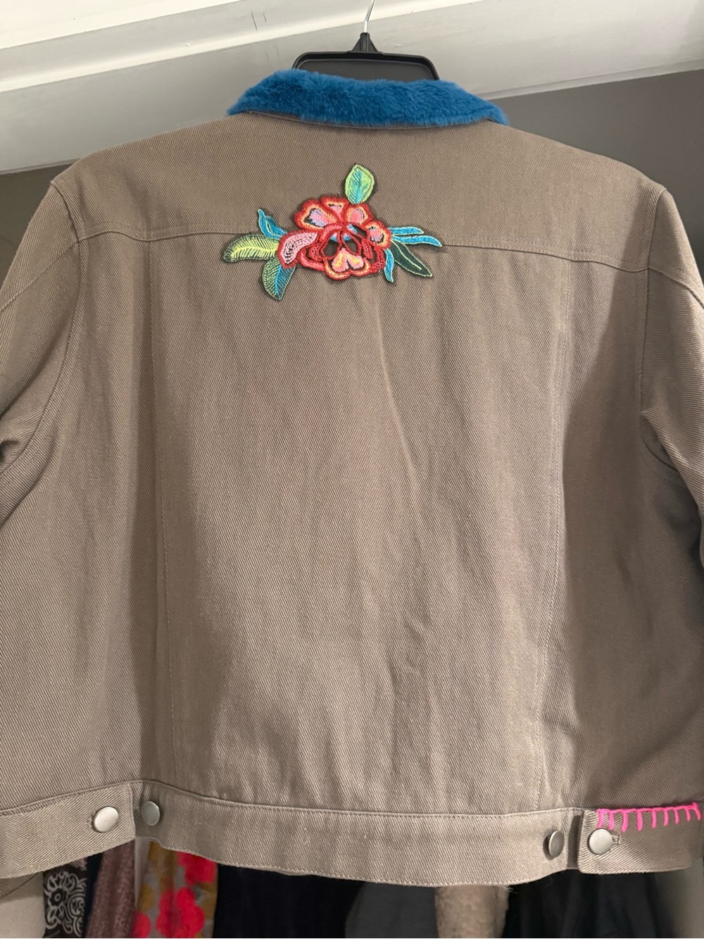 NATURAL LIFE Taupe Jacket with Teal Collar and Bright Pink Lining - Picture 2 of 6